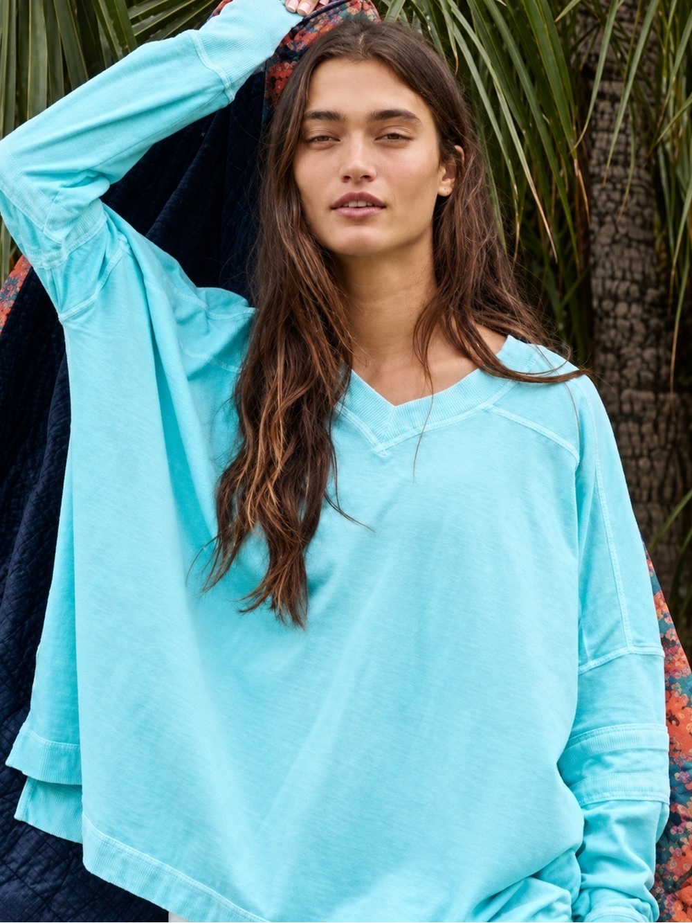 Free People All Star Layering Top Aqua Oversized V Neck Boho